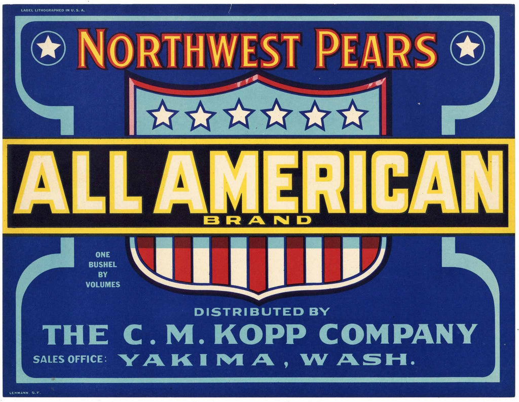 All American Brand Vintage Yakima Washington Pear Crate Label