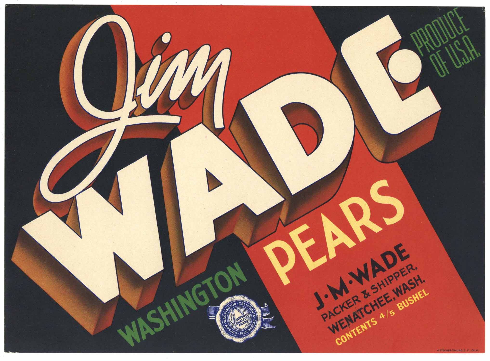 Jim Wade Brand Vintage Wenatchee Washington Pear Crate Label, red