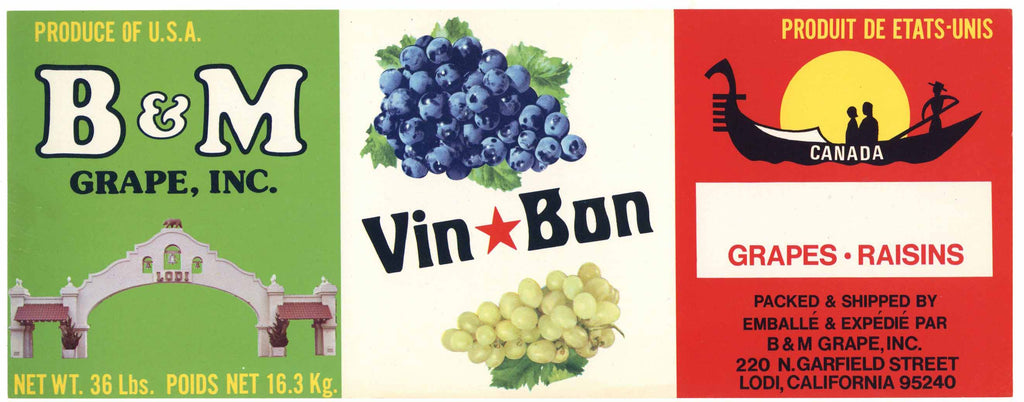 B & M Brand Vintage Lodi California Wine Grape Crate Label, Lodi Arch