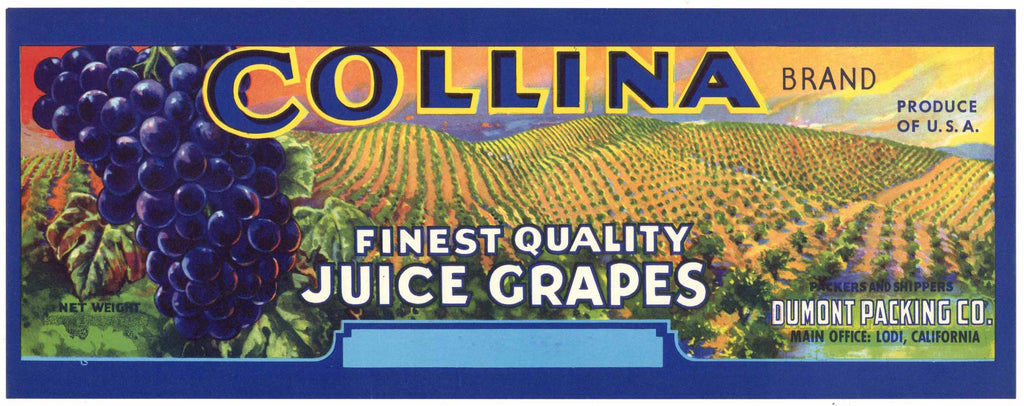 Collina Brand Vintage Wine Grape Crate Label, sunset