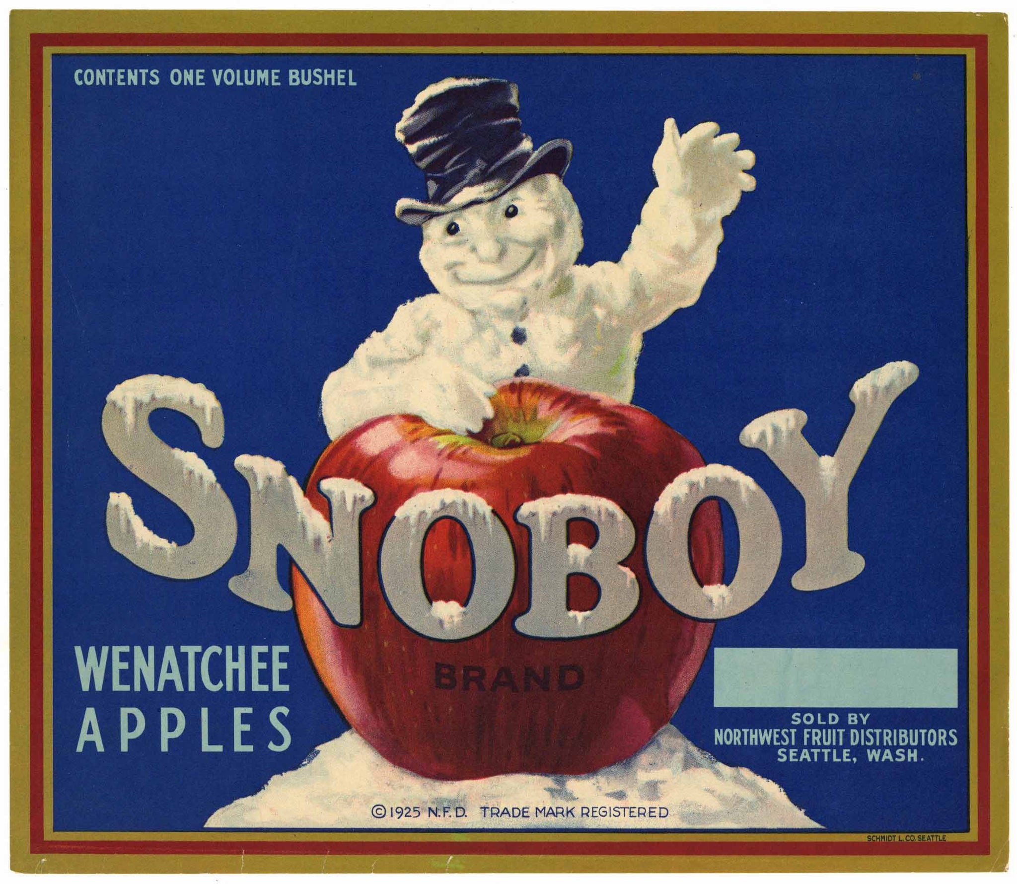 Snoboy Brand Vintage Pacific Fruit Apple Crate Label, 'Wenatchee Apples'