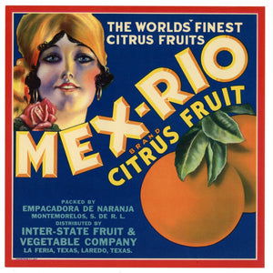 Mex-Rio Brand Vintage Texas Citrus Crate Label, 9x9