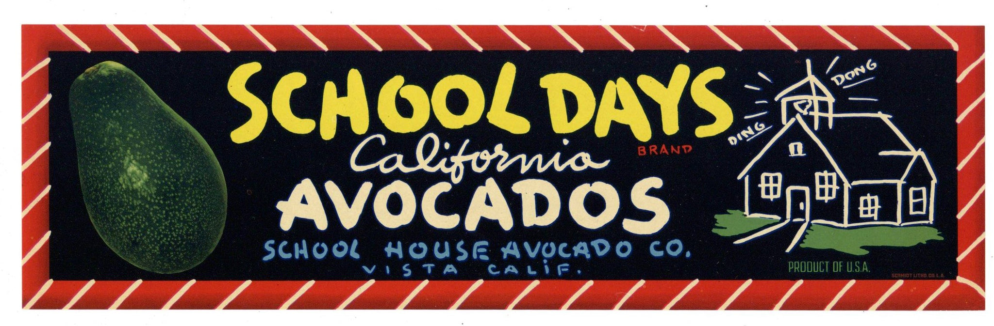 School Days Brand Vintage Vista California Avocado Crate Label