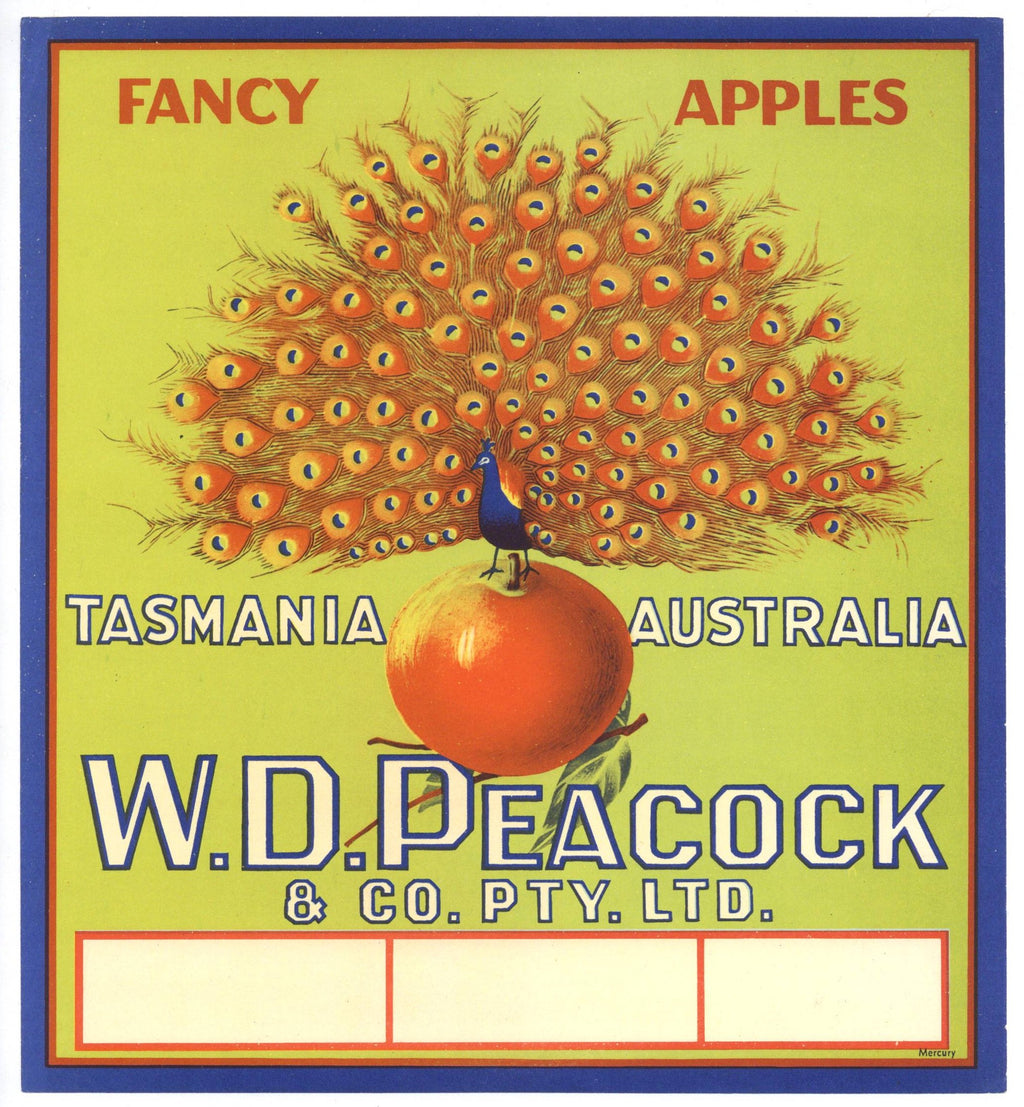 Peacock Brand Vintage Tasmania Australia Apple Crate Label, tall
