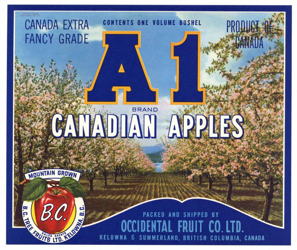 A1 Brand Vintage Canadian Apple Crate Label, blue
