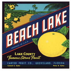 Beach Lake Brand Vintage Groveland Florida Citrus Crate Label