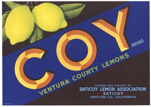 Coy Brand Vintage Ventura County Lemon Crate Label