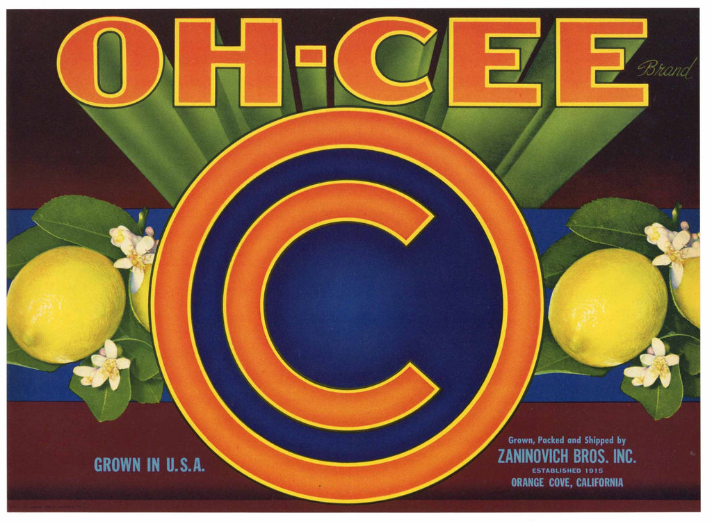 Oh Cee Brand Vintage Tulare County Lemon Crate Label
