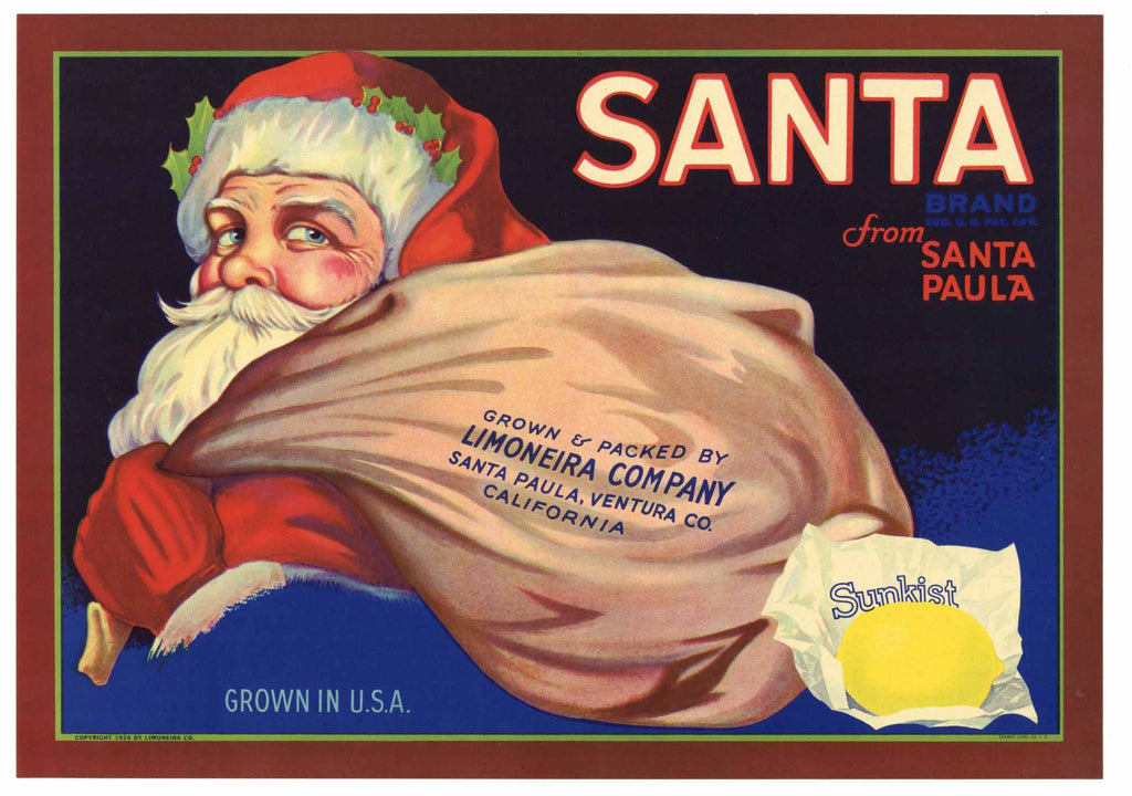Santa Brand Vintage Santa Paula Lemon Crate Label