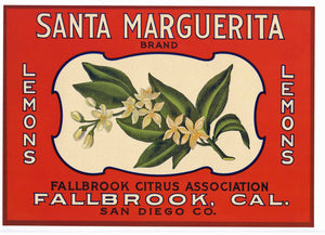 Santa Marguerita Brand Vintage Fallbrook Lemon Crate Label