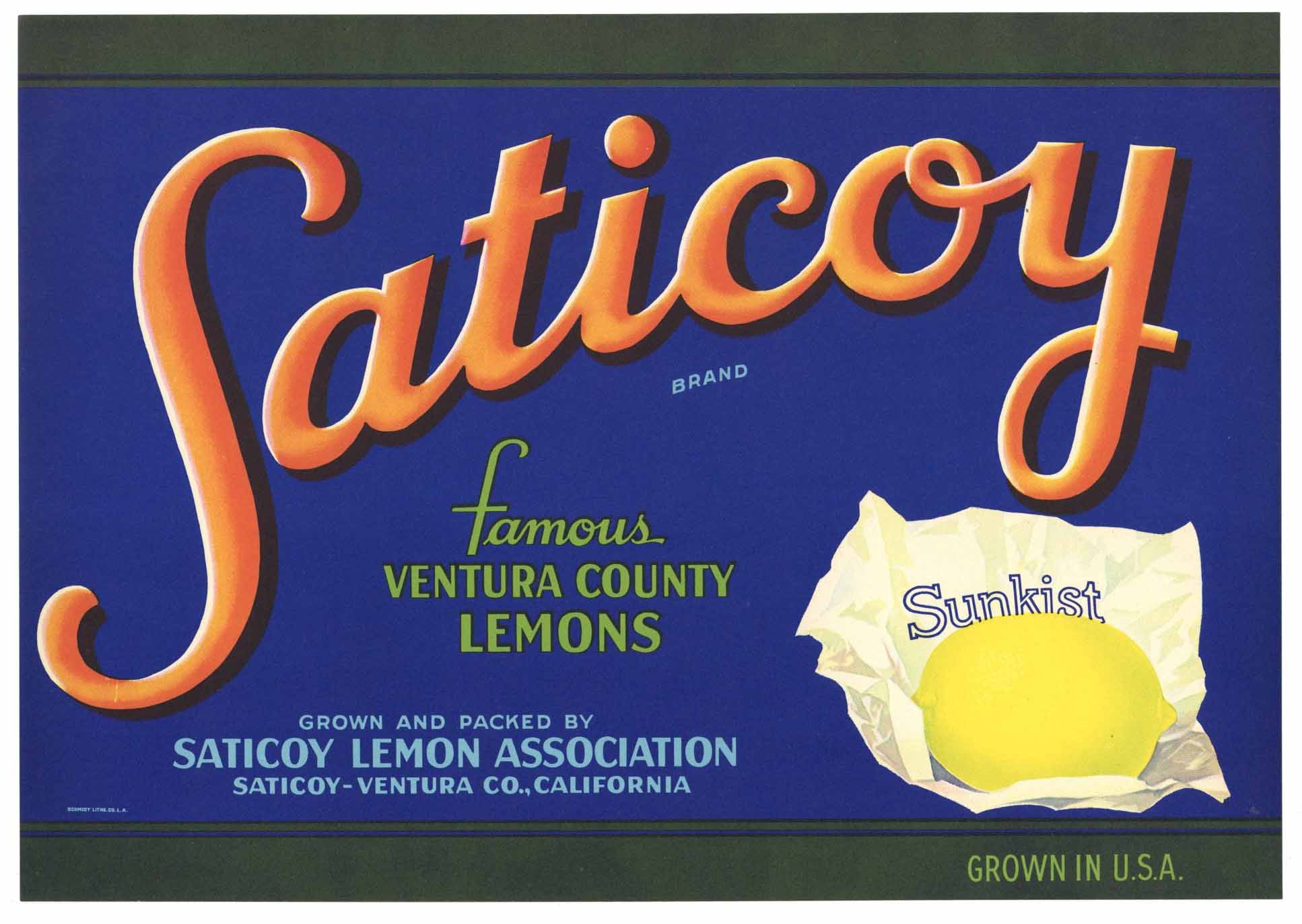 Saticoy Brand Vintage Ventura County Lemon Crate Label