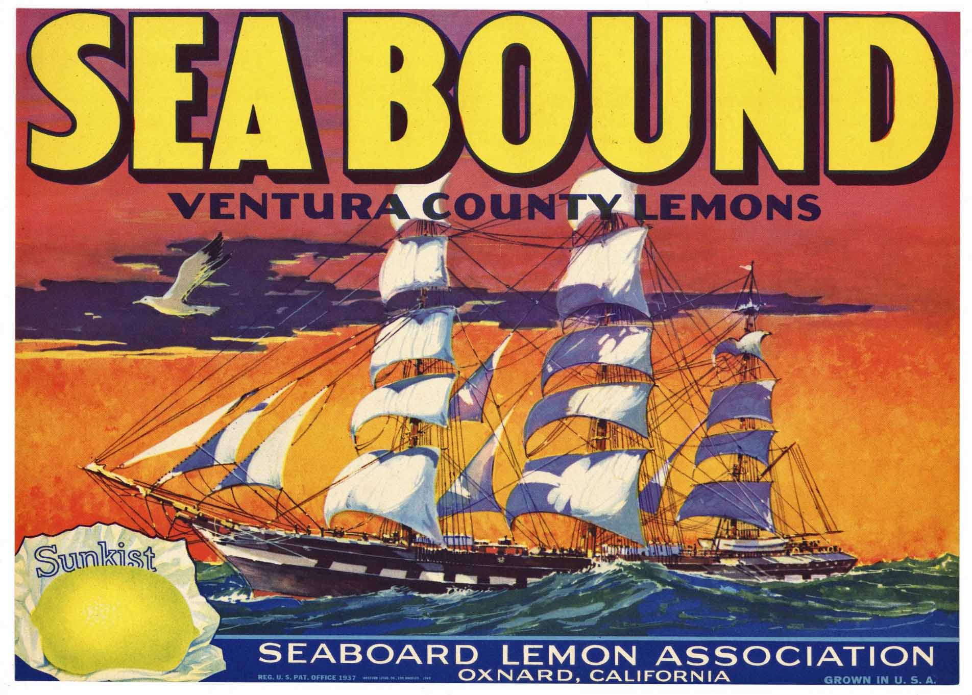 Sea Bound Brand Vintage Oxnard California Lemon Crate Label