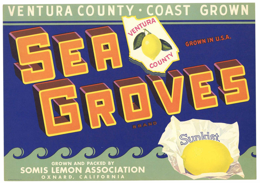 Sea Groves Brand Vintage Oxnard Lemon Crate Label