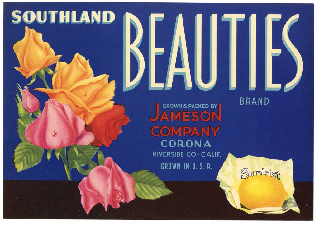 Southland Beauties Brand Vintage Riverside California Lemon Crate Label