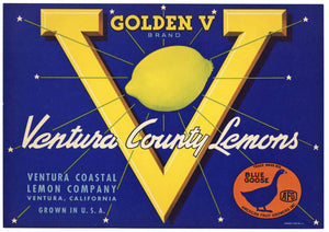 Golden V Brand Vintage Ventura County Lemon Crate Label