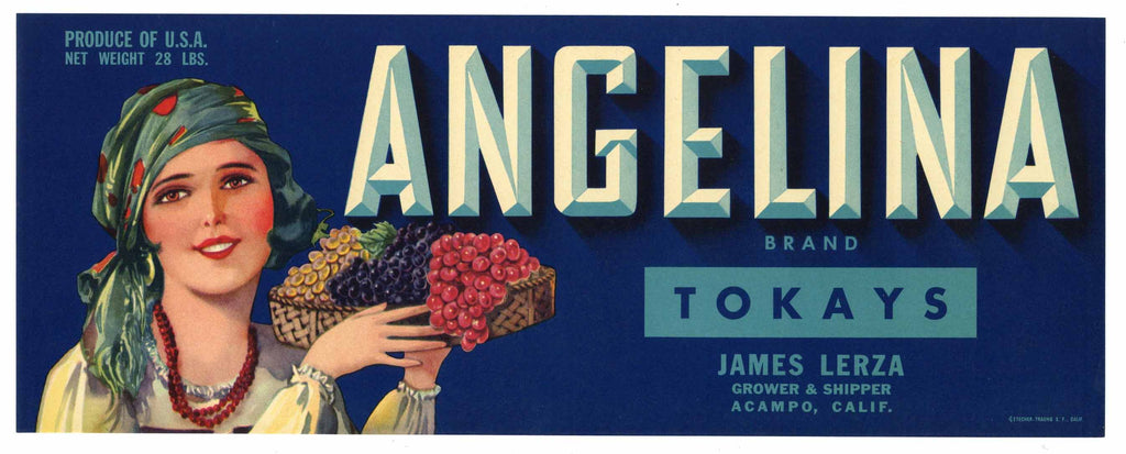 Angelina Brand Vintage Lodi Tokay Grape Crate Label, blue
