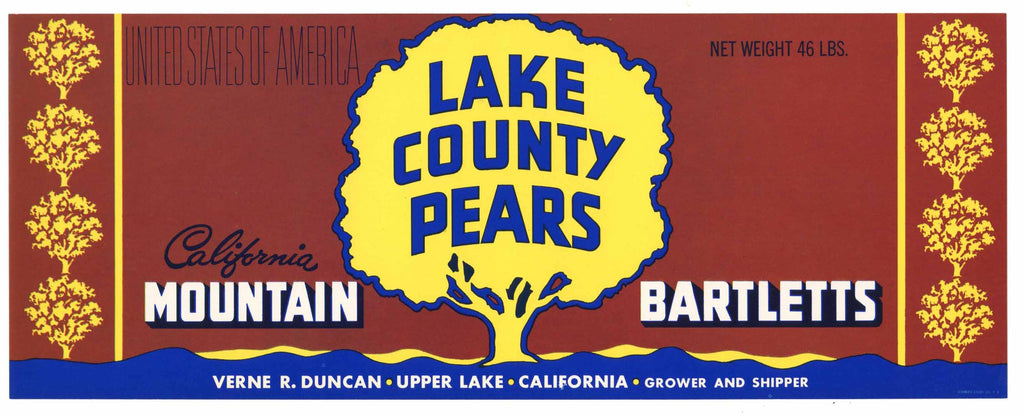 Lake County Pears Brand Vintage Upper Lake Pear Crate Label