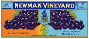 Newman Vineyard Brand Vintage Wine Grape Crate Label