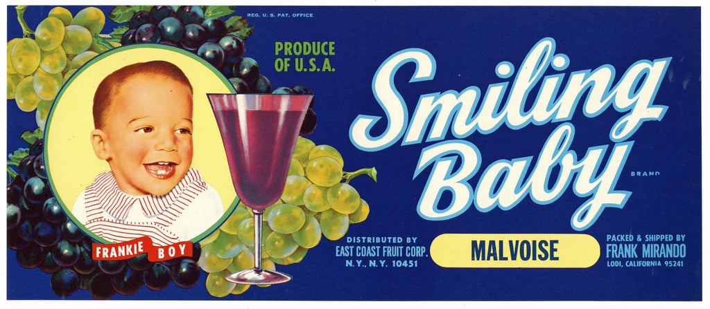 Smiling Baby Brand Vintage Lodi Malvoise Wine Grape Crate Label