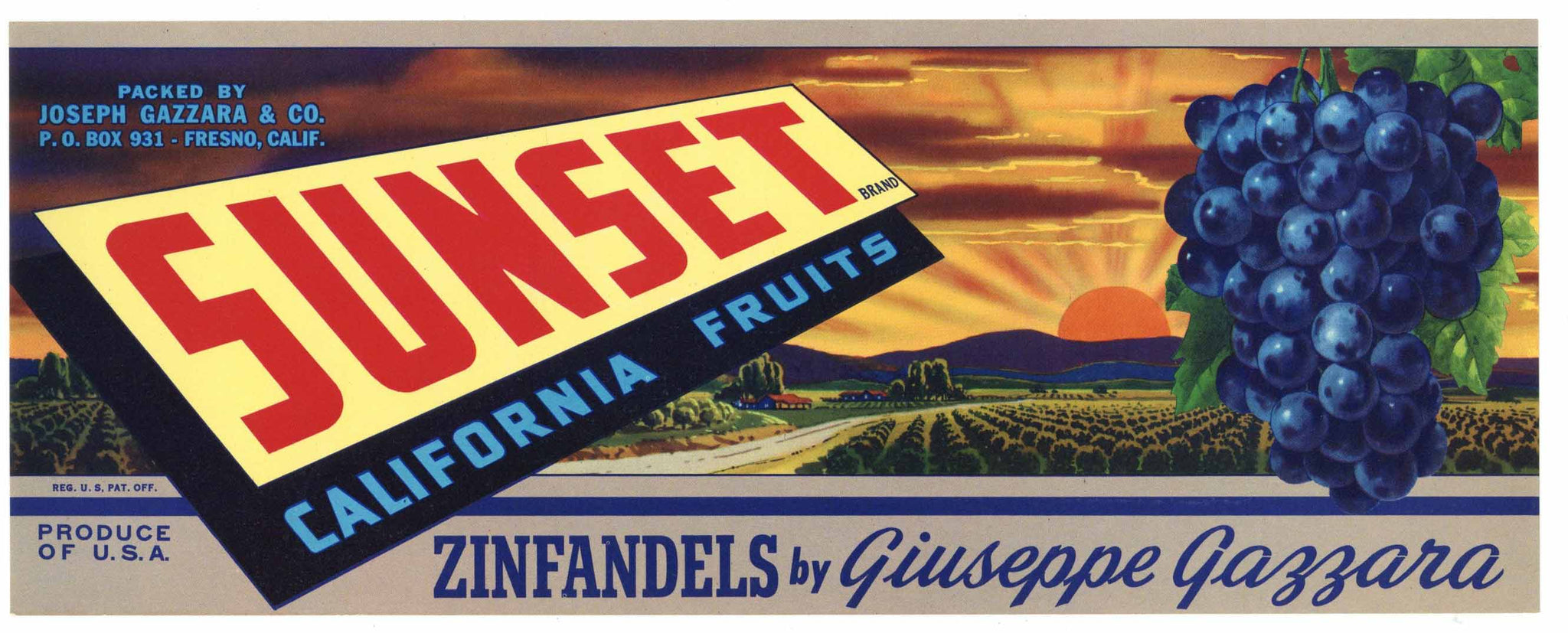 Sunset Brand Vintage Zinfandel Wine Grape Crate Label, tall