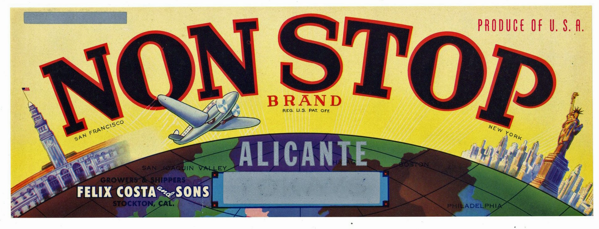 Non Stop Brand Vintage Stockton Grape Crate Label, Alicante