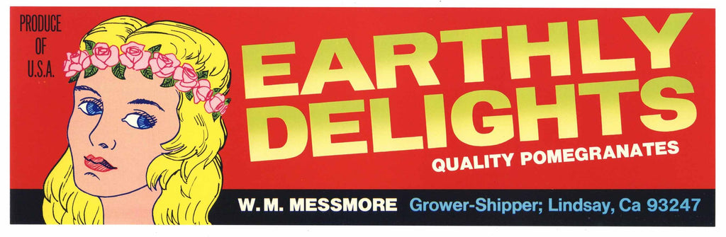 Earthly Delights Brand Vintage Lindsay Fruit Crate Label