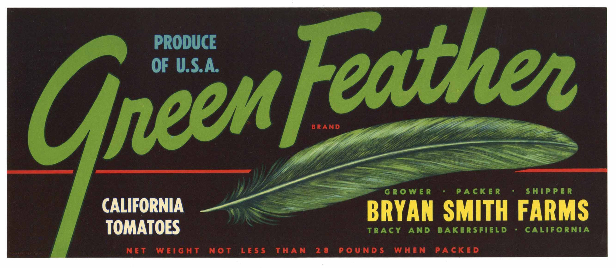 Green Feather Brand Vintage Tracy Bakersfield Tomato Crate Label