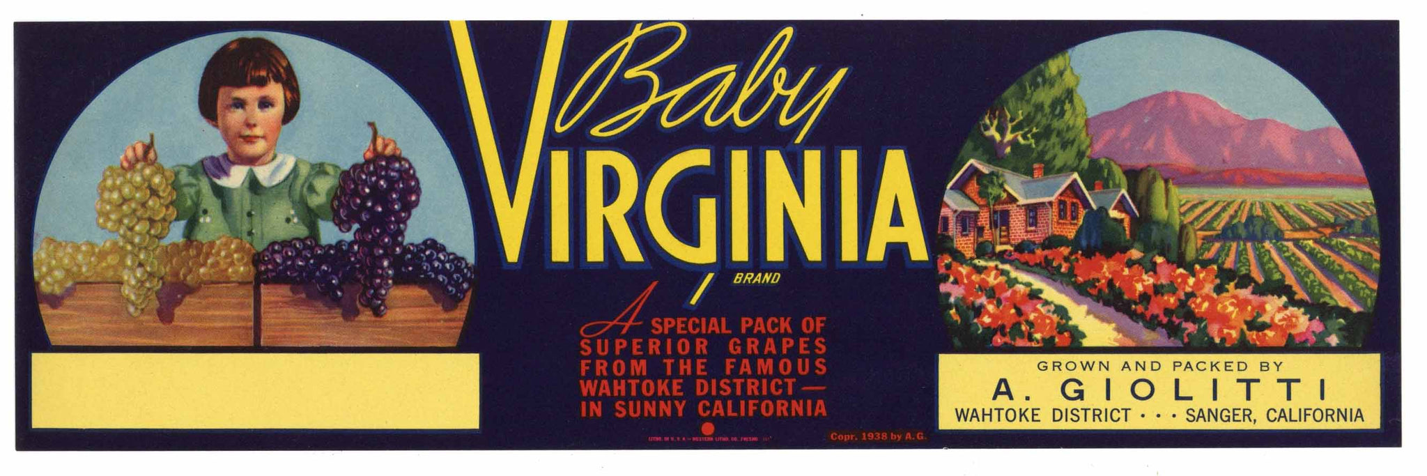 Baby Virginia Brand Vintage Sanger Grape Crate Label