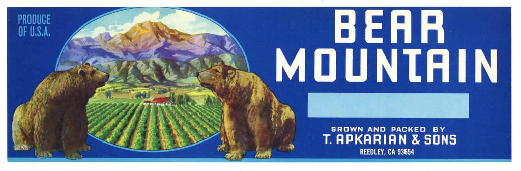 Bear Mountain Brand Reedly Vintage Fruit Crate Label