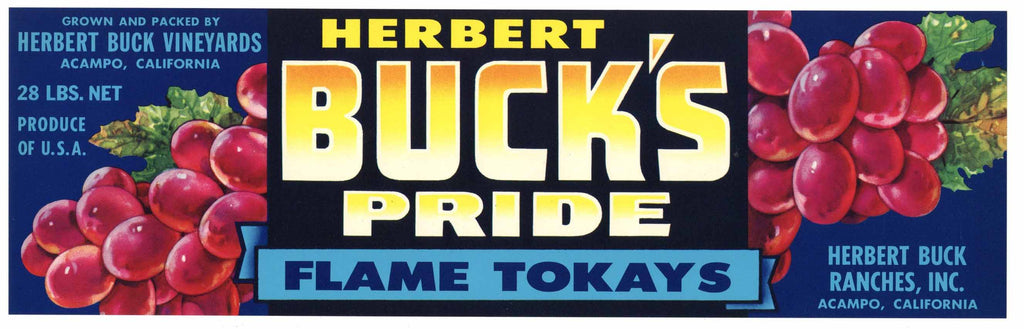 Buck's Pride Brand Vintage Acampo Grape Crate Label, flame tokay