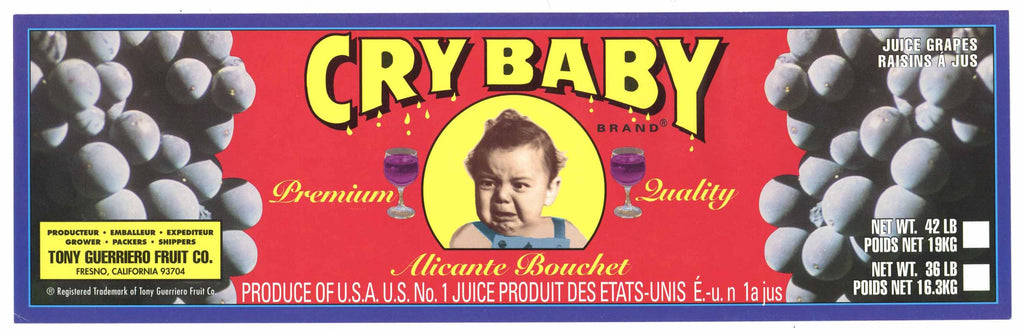 Cry Baby Brand Vintage Alicante Bouchet Wine Grape Crate Label