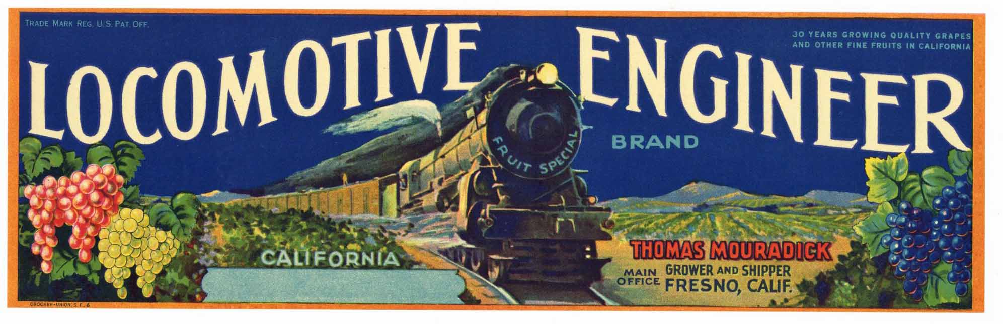 Locomotive Engineer Brand Vintage Fresno Grape Crate Label, older