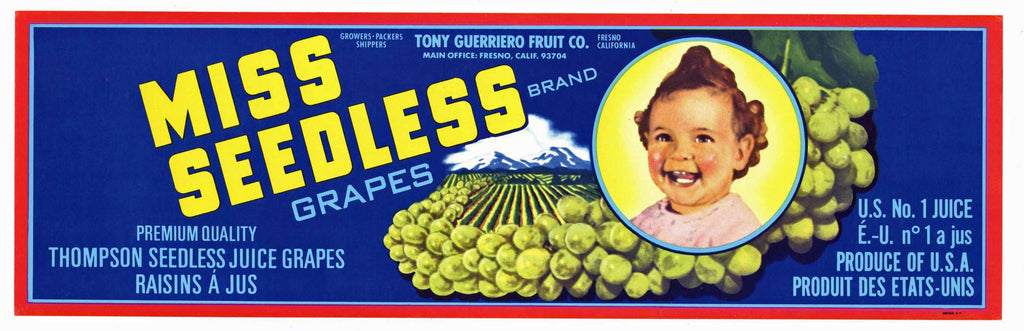 Miss Seedless Brand Vintage Fresno Grape Crate Label