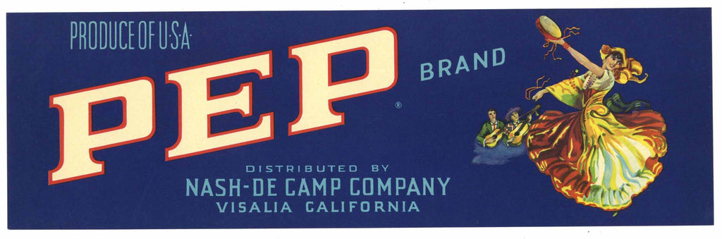 Pep Brand Vintage Visalia Fruit Crate Label, blue