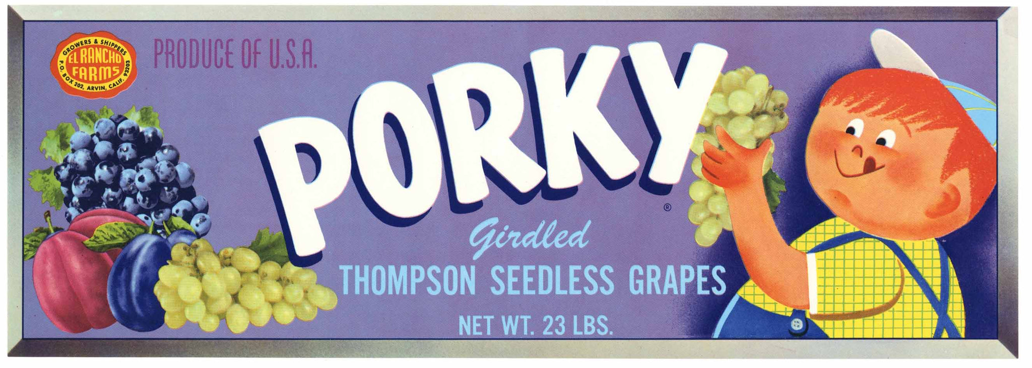 Porky Brand Vintage Arvin Grape Crate Label