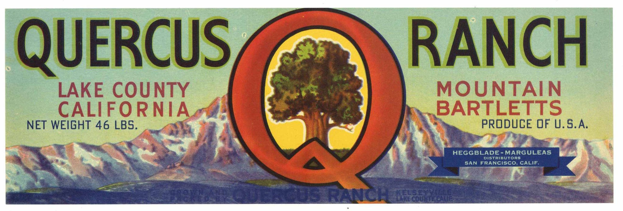 Quercus Ranch Brand Vintage Lake County Pear Crate Label, Lug