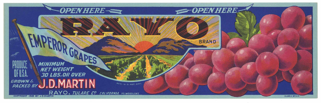 Rayo Brand Vintage California Grape Crate Label, Emperor