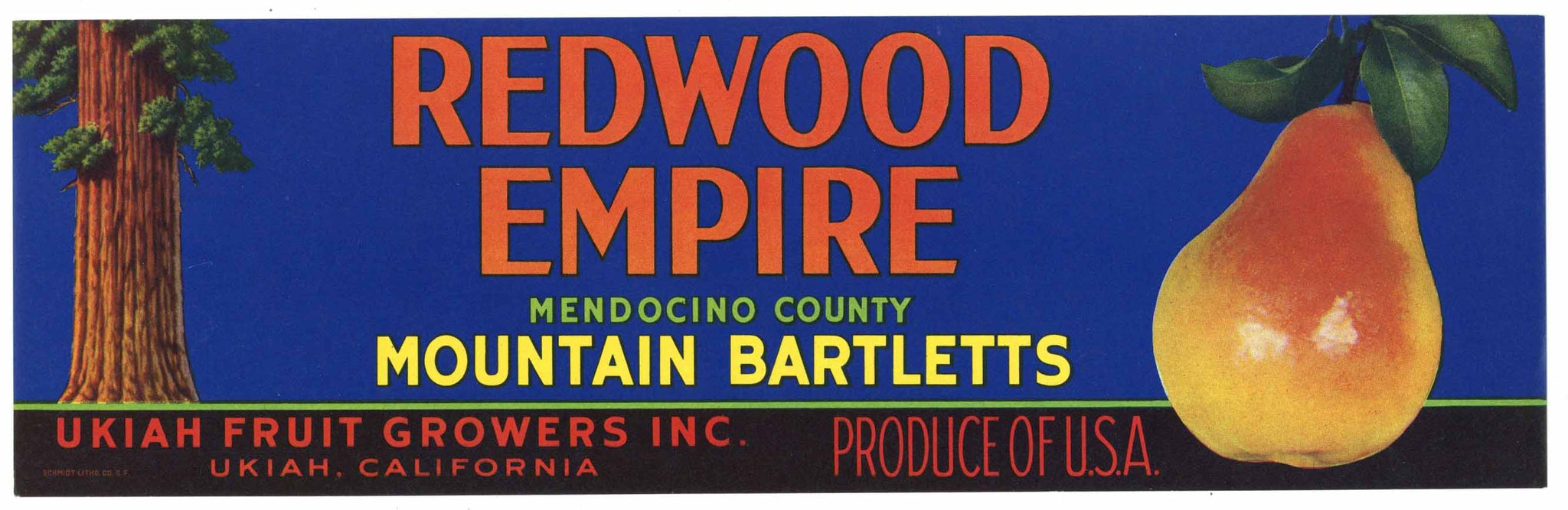 Redwood Empire Brand Vintage Ukiah Mendocino County Pear Crate Label