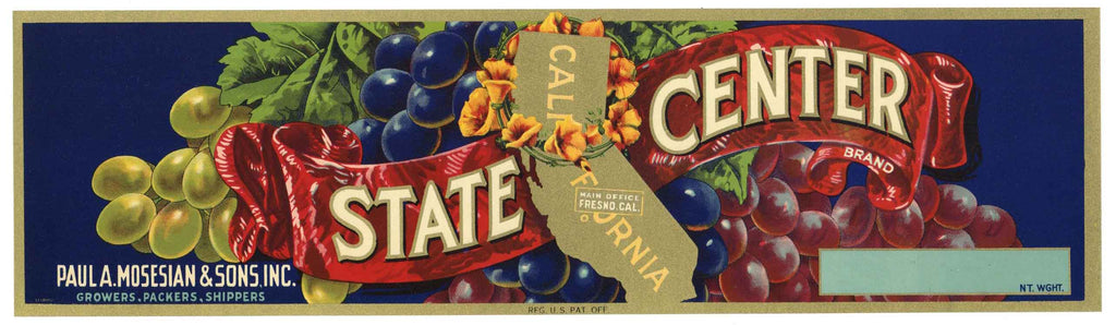 State Center Brand Vintage Fresno Grape Crate Label