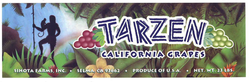 Tarzen Brand Vintage Selma Grape Crate Label, Tarzan