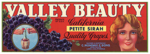 Valley Beauty Brand Vintage C. Mondavi Petite Sirah Grape Crate Label