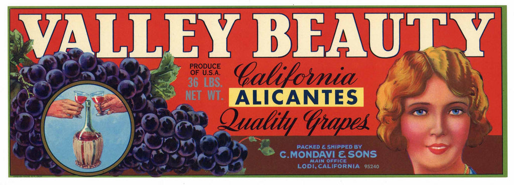 Valley Beauty Brand Vintage C. Mondavi Alicante Grape Crate Label