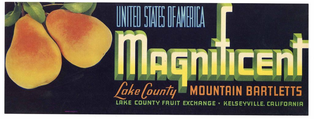 Magnificent Brand Vintage Kelseyville Lake County Pear Crate Label