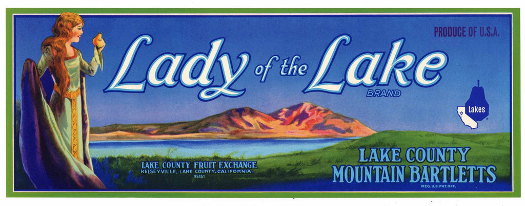 Lady Of The Lake Brand Vintage Kelseyville Lake County Pear Crate Label, lug