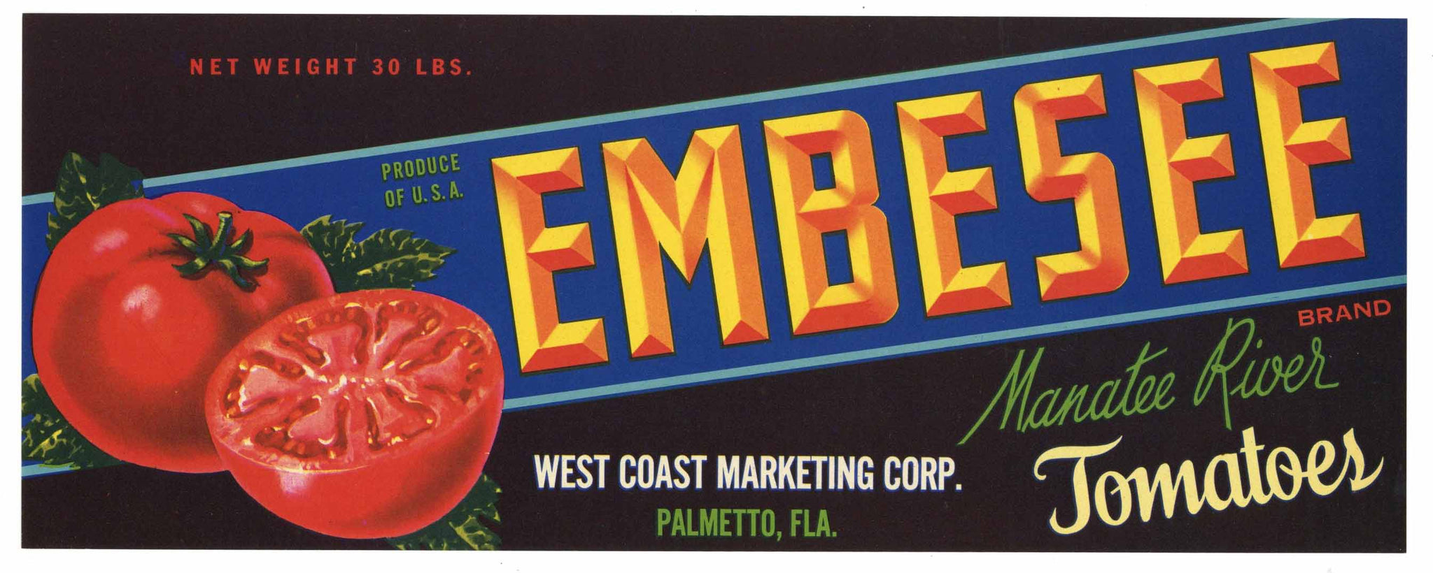 Embesee Brand Vintage Palmetto Florida Produce Crate Label, Tomato