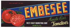 Embesee Brand Vintage Palmetto Florida Produce Crate Label, Tomato