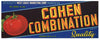 Cohen Combination Brand Vintage Palmetto Florida Produce Crate Label, Tomato