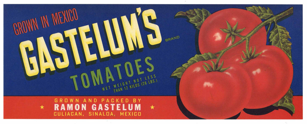 Gastelum's Brand Vintage Tomato Crate Label, Mexico