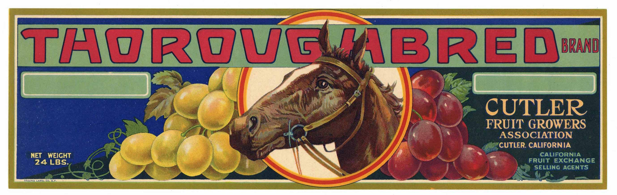 Thoroughbred  Brand Vintage Cutler Grape Crate Label, 24 lbs
