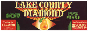 Lake County Diamond Brand Vintage Finley Pear Crate Label, lug